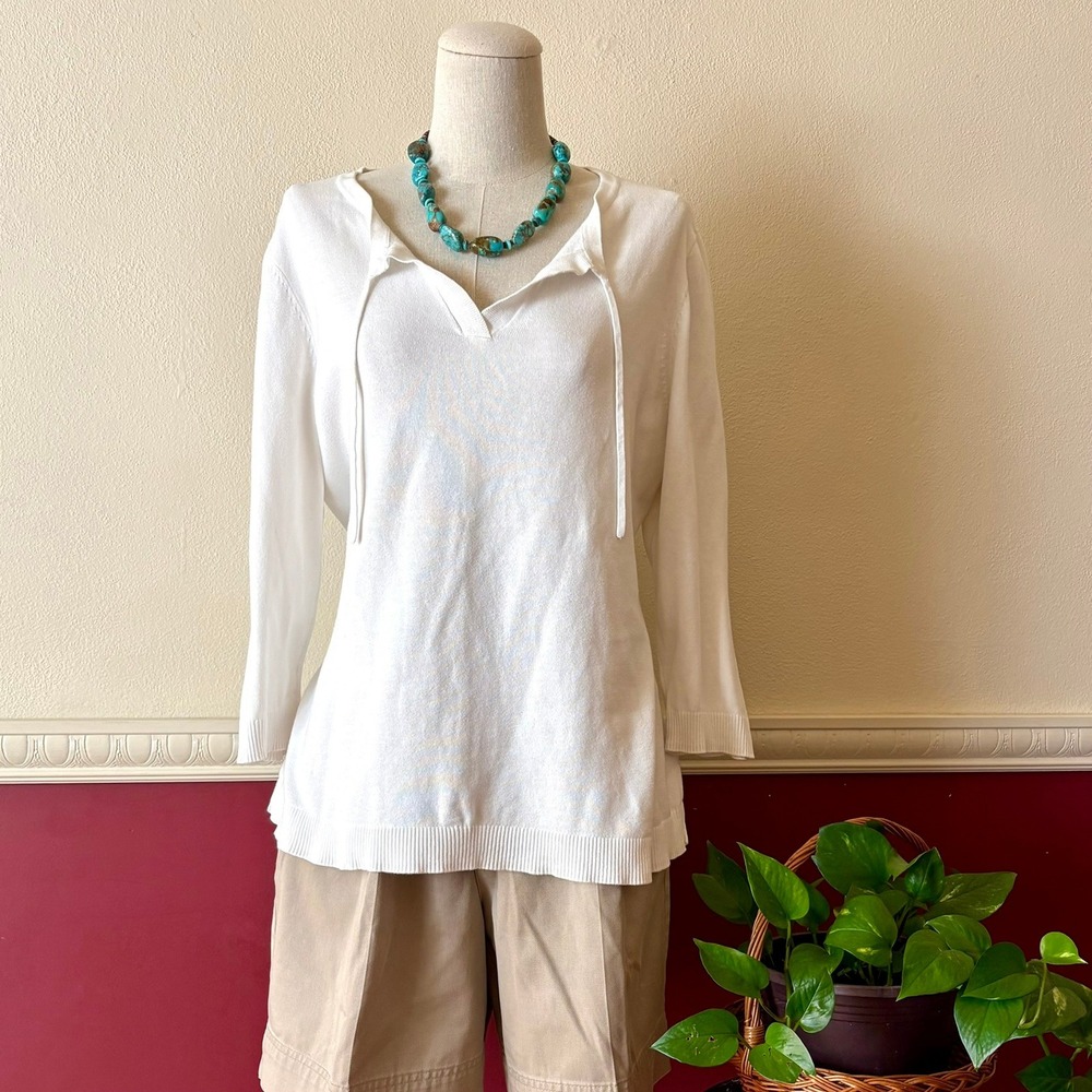 Talbots White 100% Cotton Knit Sweater 3/4 Sleeve Tie Neck Split V-Neck L Casual